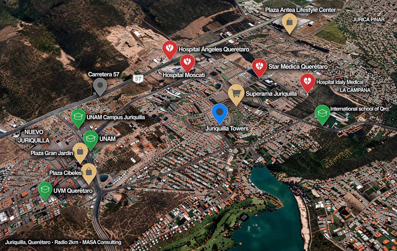 Mapa de servicios Juriquilla — hospitales, escuelas, comercio