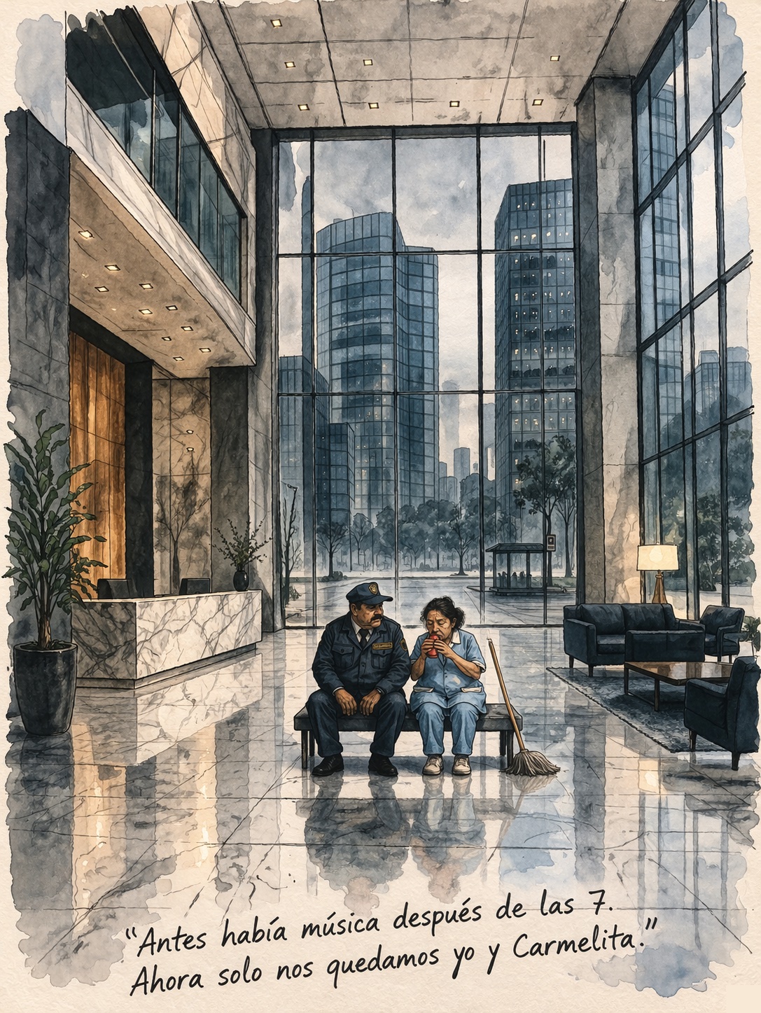 El portero y Carmelita — solos en el lobby de Santa Fe